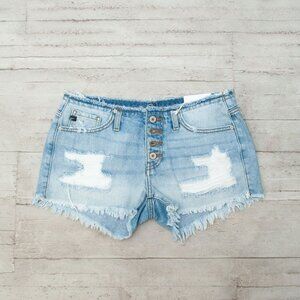 NWT kancan Distressed Button Front Denim Blue Cut Off Shorts size 28